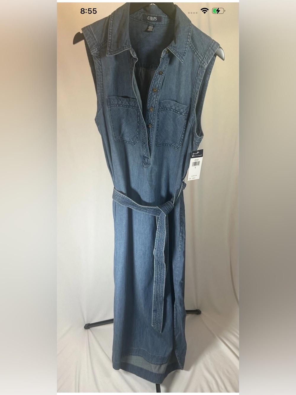 NWT Chaps Blue Denim Maxi Shirt Dress with Waist Tie